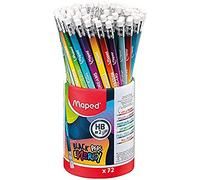 Maped - Lápices de Grafito - Colección Black Peps Energy - Bote con 72 Lapiceros de Madera con Goma de Borrar - Diseño Lúdico Decorado con Mensajes - Minas Resistentes - 6 Colores