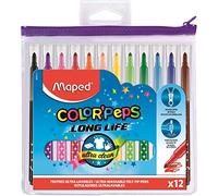 Maped Long Life - Juego de 12 rotuladores de punta media, muy lavables y duraderos, colores vivos, ideales para el regreso a la escuela, de plástico, con cremallera