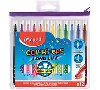 Maped Long Life - Rotuladores de larga duración, 12 rotuladores para colorear ultralavables y de larga duración, punta media bloqueada, suministros de entrada escolar, estuche de plástico con