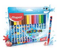 Maped Marcadores Ocean Life – 12 piezas, punta mediana 2 mm, colores vivos, bolsa reutilizable