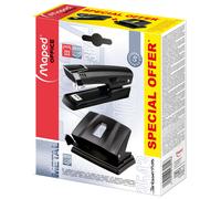 Maped - Material de Oficina - Set Essentials Metal - Grapadora de Manual Half Strip - Perforador de Papel para 20/25 Hojas - Diseños en Color Negro