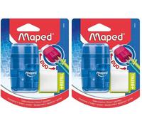 Maped - Material Escolar - DUO Sacapuntas + Goma Connect - 2 Orificios para Afilar - Sacapuntas con Compartimento para Virutas - Incluye Goma de Recambio - 3 Diseños Translúcidos (Paquete de 2)