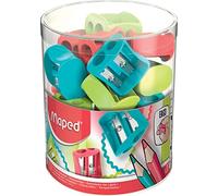 Maped - Material Escolar - Expositor de 20 Sacapuntas Vivo - Tiene 2 Orificios para Afilar - Tamaño Compacto para el Estuche - Forma Ergonómica - 3 Colores Diferentes