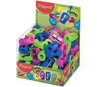 Maped - Material Escolar - Expositor de 75 Sacapuntas Boogy - Tiene 1 Orificio para Afilar - Tamaño Compacto para el Estuche - Agarre Ergonómico - 3 Colores Diferentes