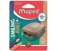 Maped - Material Escolar - Sacapuntas Smiling Planet - Tiene 2 Orificios para Afilar - Tamaño Compacto para el Estuche - Agarre Ergonómico - Fabricado con Fibra de Madera