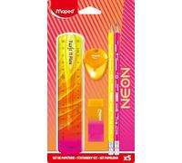 Maped Neon Stationery Set - Kit de moda para el regreso a clases, regla Twist & Flex de 15 cm, 2 lápices de grafito, sacapuntas iglú, borrador bicolor con funda, colores brillantes y llamativos
