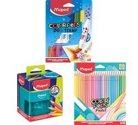 Maped Pack Arte y Coloreado: Sacapuntas Eléctrico Turbo Twist 2.0 + Lápices Color'Peps Pastel (24 Uds) + Rotuladores Duo Stamp con Sello (8 Uds)
