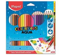 Maped - Pinturas de Madera - Lápices de Colores Aqua - 24 Pinturas de Colores - Incluye 1 Pincel - Mina Acuarelable - Ideal para Humedecer con el Pincel Tras su Aplicación