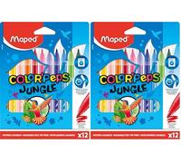 Maped Rotuladores de Colores para Niños, Color'Peps Jungle, Set de 12 Rotuladores Punta Gruesa, Tinta Lavable y de Secado Rápido, Variedad de Colores Brillantes para Dibujar y Colorear (Paquete de 2)
