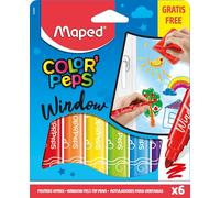 Maped - Rotuladores de Colores para Niños - Color's Peps Window - 6 Rotuladores con Punta Gorda para Vidrio - Incluye Tela para Borrar - Tinta Fácil de Limpiar con Agua - Diseño de Gran Diámetro