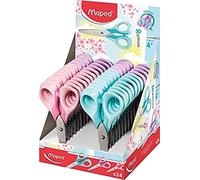 Maped - Tijeras Escolares - Sensoft Pastel 13 cm - Expositor con 24 Tijeras Infantiles - Agarre Ergonómico para Facilitar la Empuñadura - Anillas Blandas - 3 Diseños Diferentes