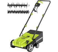 Máquina eléctrica multifunción 2 en 1 para aireación y escardado de césped. Potencia: 1500 vatios. Ancho de trabajo: 32 cm. Depósito de recogida: 30 litros. Incluye rodillo de aireación, escardador y 