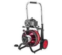 Máquina para limpieza de desagües de 30 metros x 13 mm, con serpentín de alimentación automática sobre ruedas, que incluye 8 cuchillas y un pedal de activación neumática para tuberías de 50 mm a 150 m