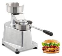 Máquina profesional para hamburguesas, modelo Jg-08, de aluminio, con un diámetro de 4 pulgadas, un compartimento de 1,4 pulgadas y capacidad para 500 hamburguesas. Diseño plateado eficiente, ideal pa