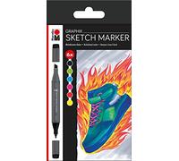 Marabu 0148000000102 Graphix - Juego de 6 rotuladores de dibujo (punta doble japonesa, punta biselada de 1-7 mm y 1 mm de grosor, brillante, secado rápido, tinta a base de alcohol, inodora y