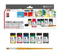 Marabu 1115000000087 - Porcelana & Vidrio Starter Set Pintura brillante al agua para porcelana y vidrio, apta para lavavajillas sin hornear, 6 x 15 ml de pintura y pinceles