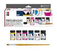 Marabu 1116000000087 - Porcelana & Vidrio Starter Set Pintura mate al agua para porcelana y vidrio, apta para lavavajillas sin hornear, 6 x 15 ml de pintura y pinceles