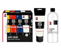Marabu Acryl Colour Pouring Starter Set, 225 ml de blanco y 5 x 100 ml de pintura acrílica, incl. 750 ml de medio acrílico Pouring Fluid para aplicaciones de vertido y técnicas de flujo