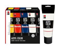 Marabu Acryl Colour Set, 225 ml blanco y 5 x 100 ml, pintura acrílica cremosa a base de agua, de secado rápido, resistente a la luz, impermeable, sobre lienzo, papel, madera