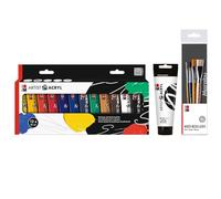 Marabu Artist Acryl, Starter Pack, 120 ml blanco titanio y 12 x 22 ml, pintura acrílica fina en calidad de artista, incl. juego de pinceles Basics con 4 pinceles en los tamaños 16, 14, 8 y 6