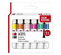 Marabu estuche de pintura acrílica COLOR BLOCKING, 6 x 12 ml colores semimates, fáciles de pintar, de secado rápido, resistentes a la luz y a la intemperie, 1210000000213