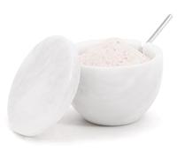 MARBLOUS KRAFTS Salero de mármol blanco con tapa y cuchara, cuenco redondo para encimera de cocina, recipiente de sal y azúcar, conservador de sal de piedra natural