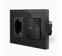 Marco de cristal doble con interruptor de persiana basculante, interruptor de pared + enchufe Schuko, caja de limpieza en marco de 2 compartimentos, pulsador de cristal, persianas, control de pared,