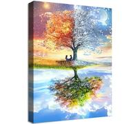 Marco de Madera Cuadro Modernos Cuatro Estaciones Árbol de la vida Cuadros Decorativos Lienzo Pintura Cielo Azul y Nubes Blancas Imagen Cuadros Decoracion Salon Baño Dormitorio Pasillo 30x40cm