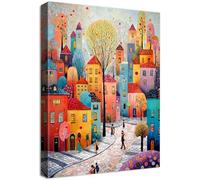 Marco de Madera Cuadros Modernos Pueblo Colorido Cuadro Decorativos Lienzo Pintura Imagen Póster Casa de Fantasía Árboles Cuadros Decoracion Salon Dormitorio Comedor Pasillo Cocina Baño 40x60cm
