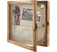 Marco para cuadros Unyqoos® tipo vitrina, de 25,8 x 25,8 cm, con estructura de madera de caoba, puerta de cristal y respaldo de lino. Ideal para colgar en la pared o colocar sobre una mesa, perfecto p