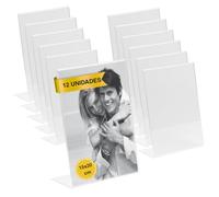 MARCOFOTO - Set de 12 Soportes Acrilico de Sobremesa - Soporte para Letreros, Porta Menus, Porta Poster y Expositor de Carteles de Metacrilato - Transparente Vertical para Oficina (15X20 cm - x12)