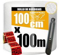MARCPRINT Rollo Burbuja Embalaje 100 cm x 100 m con Cutter y Pegatinas de Fragil - Papel Burbuja para Mudanzas y Envíos - Plástico de Burbujas Protector Antigolpes - Embalaje Profesional Reutilizable