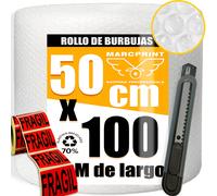 MARCPRINT Rollo Burbuja Embalaje 50 cm x 100 m con Cutter y 10 Pegatinas de Fragil - Papel Burbuja para Mudanzas y Envíos - Plástico de Burbujas Protector Antigolpes - Embalaje Profesional