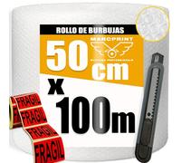 MARCPRINT Rollo Burbuja Embalaje 50 cm x 100 m con Cutter y Pegatinas de Fragil - Papel Burbuja para Mudanzas y Envíos - Plástico de Burbujas Protector Antigolpes - Embalaje Profesional Reutilizable.