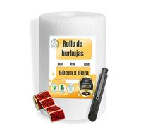 MARCPRINT Rollo Burbuja Embalaje con Cutter y Pegatinas de Fragil - Papel Burbuja para Mudanzas y Envíos - Plástico de Burbujas Protector Antigolpes (50cm (A) x 50m (L))