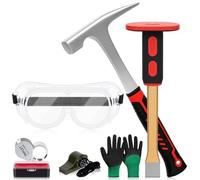 Mardatt Juego de 6 martillos de geología, martillo de roca de 32 onzas y cincel Mason de 12 pulgadas, gafas de seguridad, silbato, lupa de joyería 10X y guantes, herramientas de caza de rocas para