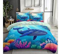 Marine Life - Juego de funda de edredón con estampado 3D de ballenas y corales en 3D, juego de ropa de cama doble con 2 fundas de almohada y cremallera oculta, microfibra cepillada suave, funda de