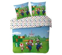 Mario - Funda nórdica Super Mario 220 x 240 cm + 2 fundas de almohada de 63 x 63 cm, 100% algodón, verde y azul