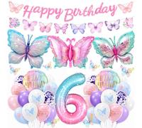 Mariposa decorativa para cumpleaños de 6 años para niñas, 46 unidades, globos decorativos de cumpleaños para niñas, globos de papel de aluminio rosa para decoración de cumpleaños, decoración de