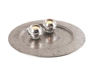 Marrakech - Bandeja decorativa oriental bohemia de metal, 35 cm, para decoración de mesa de cocina y salón, estilo vintage (plata)