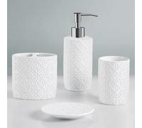 Martha Stewart Juego de Accesorios de baño de cerámica, Organizador de Almacenamiento para decoración de tocador, medallón de Damasco en Relieve, dispensador de loción/jabón, Soporte para Cepillo de