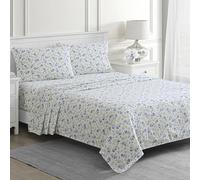 Martha Stewart Ruth Ditsy Floral - Juego de sábanas de percal 100% algodón de 300 Hilos, Color Azul y Blanco, 4 Piezas: 1 sábana encimera, 1 sábana Bajera, 2 Fundas de Almohada, sábanas de algodón
