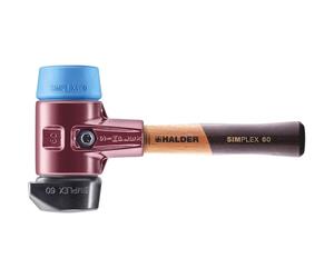 Martillo de prueba HALDER SIMPLEX, diámetro 60 mm, con cabeza de goma negra / TPE-soft azul, base de apoyo, mango corto y carcasa de hierro fundido templado