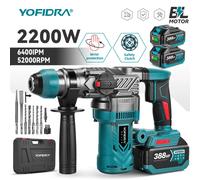 Martillo percutor eléctrico sin escobillas YOFIDRA de 2200W, taladro de impacto de 26MM, destornillador multifunción, herramienta rotativa eléctrica para batería Makita. 2xBattery Set-10pcs