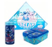 MARUKATSU Pack Infantil 3 en 1 - Toallita Microfibra 40x30 cm + Botella Infantil 410 ml + Sandwichera 3 Compartimentos, Set Merienda Colegio, Lunch Box Niños, Regalo (Stitch)