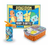 MARUKATSU Pack Infantil 3 en 1 - Toallita Microfibra 40x30 cm + Botella Infantil 410 ml + Sandwichera 3 Compartimentos, Set Merienda Colegio, Lunch Box Niños, Regalo (Pokemon)