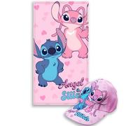 MARUKATSU Pack Infantil Toalla 140x70 cm + Gorra Verano Playa Piscina - Pokémon, Minecraft, Stitch, Dragon Ball, Bluey y Sonic (Stitch & Angel)
