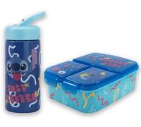 MARUKATSU Stitch Set Sandwichera Infantil con Compartimentos y Botella 410ml para Niños y Niñas | Fiambrera Escolar + Botella Reutilizable |