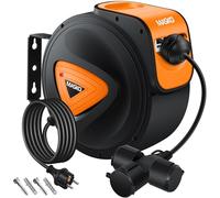 MASKO® Cable alargador automático de 10 m con conexión de 3 vías, giratorio 180°, cable de alimentación de 1,5 m, soporte de pared, enrollador de cables, enrollador de cables, incluye guantes
