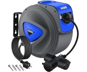 MASKO® Cable alargador automático de 15 m con conexión de 3 vías, giratorio 180°, cable de alimentación de 1,5 m, soporte de pared, enrollador de cables, enrollador de cables, incluye guantes